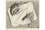 Mains dessinant, de M.C. Escher : le dessin en trompe l'oeil de deux mains s'entredessinant sur une feuille de papier.